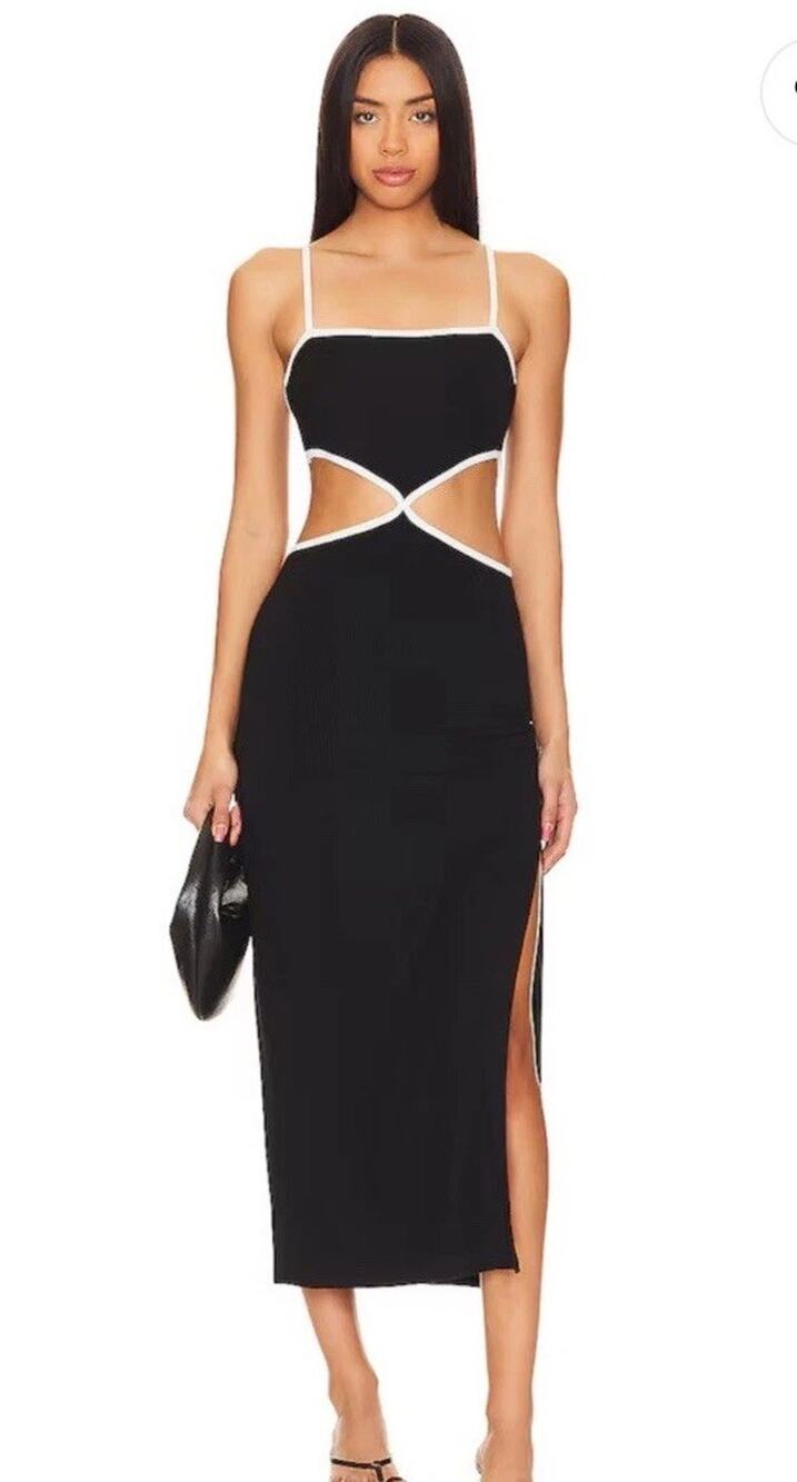 Lspace L Space Libra Ribbed Knit Cutout Midi Dress Black White Trim Size Large